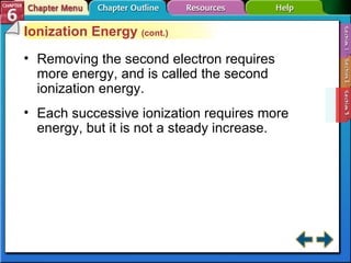 Section 6-3 Ionization Energy  (cont.) Removing the second electron requires more energy, and is called the second ionization energy. Each successive ionization requires more energy, but it is not a steady increase. 