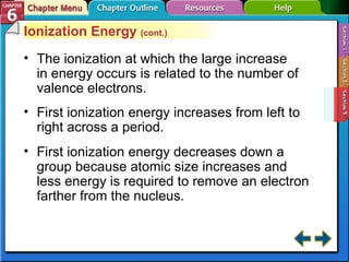Section 6-3 Ionization Energy  (cont.) The ionization at which the large increase in energy occurs is related to the number of valence electrons. First ionization energy increases from left to right across a period. First ionization energy decreases down a group because atomic size increases and less energy is required to remove an electron farther from the nucleus. 