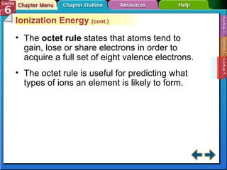 Section 6-3 Ionization Energy  (cont.) The  octet rule   states that atoms tend to gain, lose or share electrons in order to acquire a full set of eight valence electrons. The octet rule is useful for predicting what types of ions an element is likely to form. 