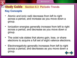 Study Guide 3 Section 6.3  Periodic Trends Key Concepts Atomic and ionic radii decrease from left to right across a period, and increase as you move down a group. Ionization energies generally increase from left to right across a period, and decrease as you move down a group.  The octet rule states that atoms gain, lose, or share electrons to acquire a full set of eight valence electrons.  Electronegativity generally increases from left to right across a period, and decreases as you move down a group.   