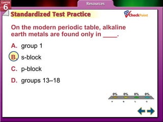A B C D STP 2 On the modern periodic table, alkaline earth metals are found only in ____.   A. group 1   B. s-block   C. p-block   D. groups 13–18   