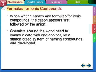 Section 7-3 Formulas for Ionic Compounds When writing names and formulas for ionic compounds, the cation appears first followed by the anion. Chemists around the world need to communicate with one another, so a standardized system of naming compounds was developed. 