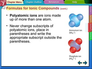 Section 7-3 Formulas for Ionic Compounds  (cont.) Polyatomic ions   are ions made up of more than one atom. Never change subscripts of polyatomic ions, place in parentheses and write the appropriate subscript outside the parentheses. 