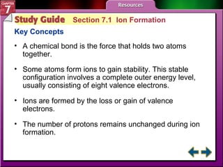 Study Guide 1 Section 7.1  Ion Formation Key Concepts A chemical bond is the force that holds two atoms together. Some atoms form ions to gain stability. This stable configuration involves a complete outer energy level, usually consisting of eight valence electrons. Ions are formed by the loss or gain of valence electrons. The number of protons remains unchanged during ion formation. 