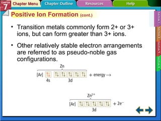 Section 7-1 Positive Ion Formation  (cont.) Transition metals commonly form 2+ or 3+ ions, but can form greater than 3+ ions. Other relatively stable electron arrangements are referred to as pseudo-noble gas configurations. 