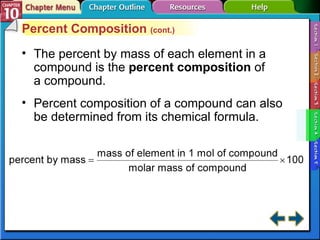 Section 10-4 Percent Composition  (cont.) The percent by mass of each element in a compound is the  percent composition  of a compound. Percent composition of a compound can also be determined from its chemical formula. 