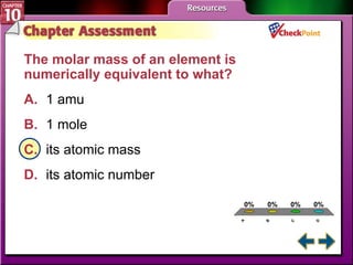 A B C D Chapter Assessment 2 The molar mass of an element is numerically equivalent to what?   A. 1 amu   B. 1 mole   C. its atomic mass   D. its atomic number   