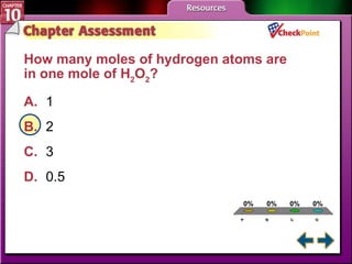 A B C D Chapter Assessment 3 How many moles of hydrogen atoms are in one mole of H 2 O 2 ?   A. 1  B. 2 C. 3 D. 0.5  