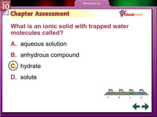 A B C D Chapter Assessment 5 What is an ionic solid with trapped water molecules called?   A. aqueous solution   B. anhydrous compound   C. hydrate   D. solute   