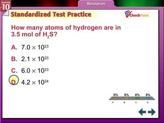 A B C D STP 4 How many atoms of hydrogen are in  3.5 mol of H 2 S?   A. 7.0    10 23   B. 2.1    10 23   C. 6.0    10 23   D. 4.2    10 24   