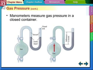 Section 12-1 Gas Pressure  (cont.) Manometers measure gas pressure in a closed container. 