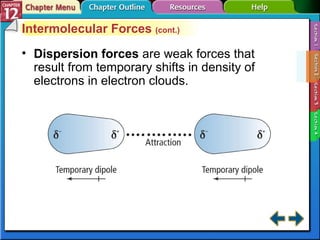 Section 12-2 Intermolecular Forces  (cont.) Dispersion forces   are weak forces that result from temporary shifts in density of electrons in electron clouds.  