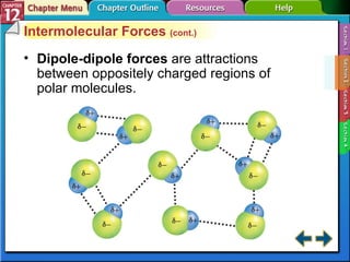 Section 12-2 Intermolecular Forces  (cont.) Dipole-dipole forces  are attractions between oppositely charged regions of polar molecules.  