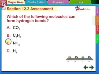 A B C D Section 12-2 Section 12.2 Assessment Which of the following molecules can form hydrogen bonds?   A. CO 2   B. C 2 H 6   C. NH 3   D. H 2   
