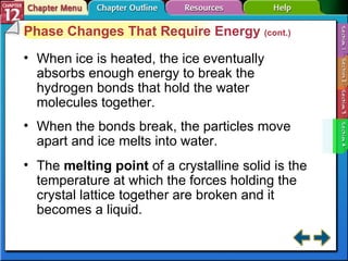 Section 12-4 Phase Changes That Require Energy  (cont.) When ice is heated, the ice eventually absorbs enough energy to break the hydrogen bonds that hold the water molecules together. When the bonds break, the particles move apart and ice melts into water. The   melting point  of a crystalline solid is the temperature at which the forces holding the crystal lattice together are broken and it becomes a liquid. 