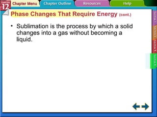 Section 12-4 Phase Changes That Require Energy  (cont.) Sublimation   is the process by which a solid changes into a gas without becoming a liquid. 