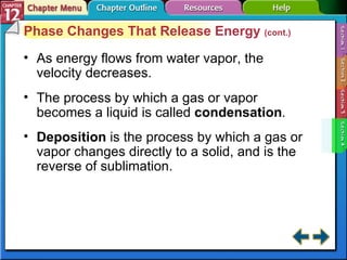 Section 12-4 Phase Changes That Release Energy  (cont.) As energy flows from water vapor, the velocity decreases. The process by which a gas or vapor becomes a liquid is called  condensation . Deposition  is the process by which a gas or vapor changes directly to a solid, and is the reverse of sublimation. 