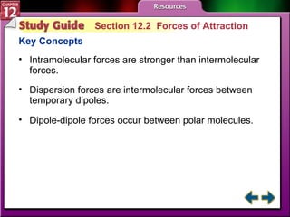 Study Guide 2 Section 12.2  Forces of Attraction Key Concepts Intramolecular forces are stronger than intermolecular forces. Dispersion forces are intermolecular forces between temporary dipoles. Dipole-dipole forces occur between polar molecules. 