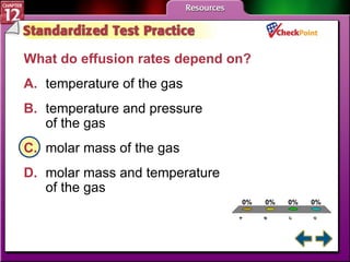 A B C D STP 1 What do effusion rates depend on?   A. temperature of the gas   B. temperature and pressure  of the gas   C. molar mass of the gas   D. molar mass and temperature  of the gas   