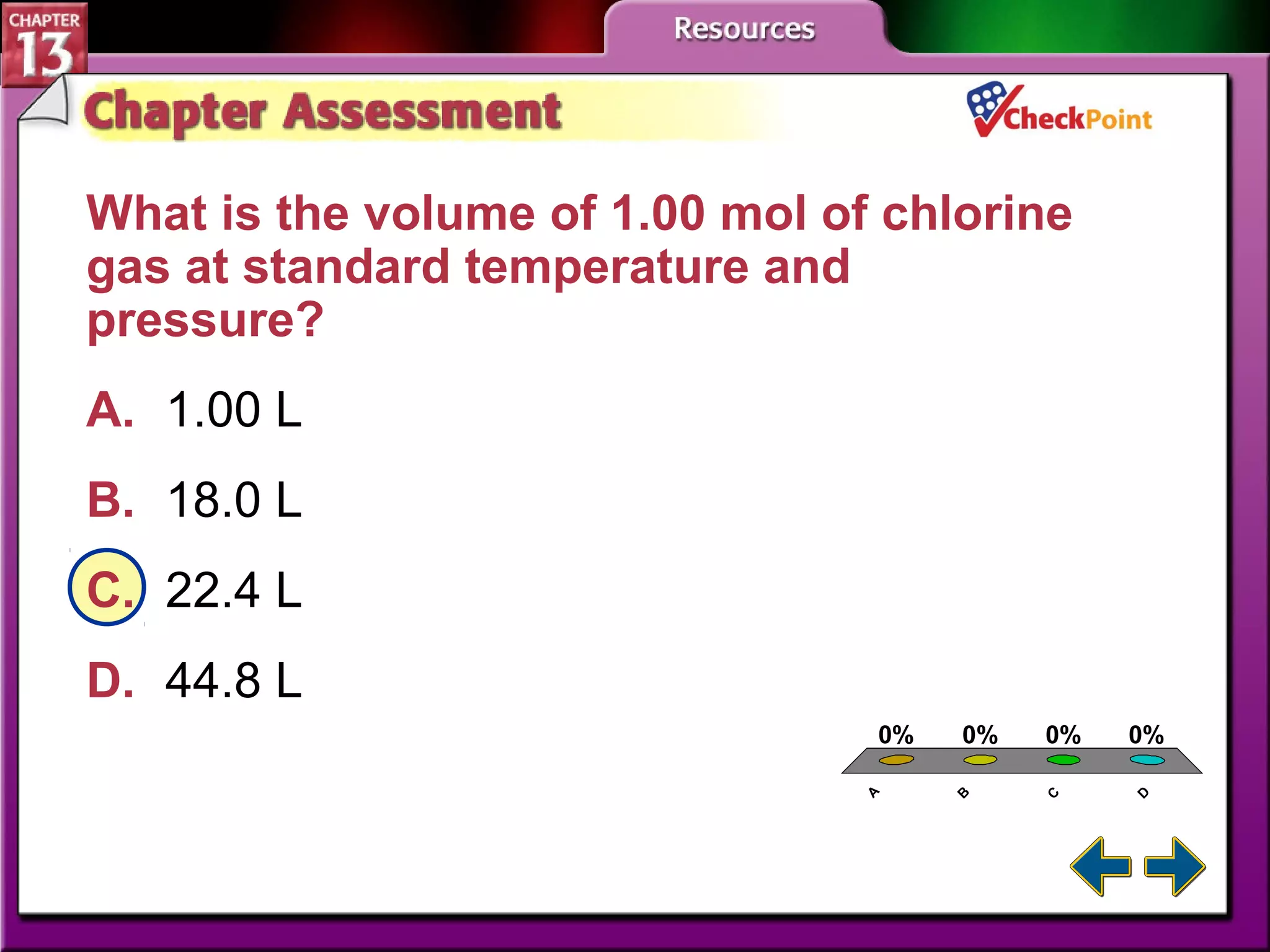 A. A
B. B
C. C
D. D
A
B
C
D
0% 0%0%0%
What is the volume of 1.00 mol of chlorine
gas at standard temperature and
pressure?
A. 1.00 L
B. 18.0 L
C. 22.4 L
D. 44.8 L
 