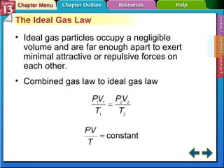 Section 13-2 The Ideal Gas Law Ideal gas particles occupy a negligible volume and are far enough apart to exert minimal attractive or repulsive forces on each other. Combined gas law to ideal gas law 