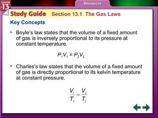 Study Guide 1 Section 13.1  The Gas Laws Key Concepts Boyle’s law states that the volume of a fixed amount of gas is inversely proportional to its pressure at constant temperature. P 1 V 1  =  P 2 V 2 Charles’s law states that the volume of a fixed amount of gas is directly proportional to its kelvin temperature at constant pressure. 