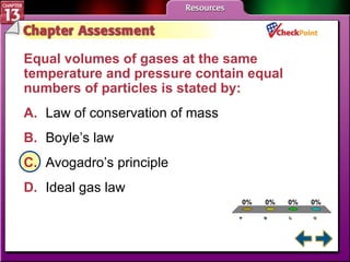 A B C D Chapter Assessment 3 Equal volumes of gases at the same temperature and pressure contain equal numbers of particles is stated by:  A. Law of conservation of mass   B. Boyle’s law   C. Avogadro’s principle   D. Ideal gas law   