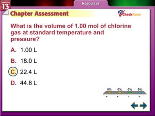 A B C D Chapter Assessment 4 What is the volume of 1.00 mol of chlorine gas at standard temperature and pressure?   A. 1.00 L   B. 18.0 L   C. 22.4 L   D. 44.8 L   