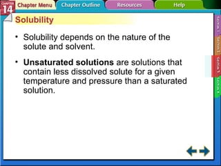 Section 14-3 Solubility Solubility depends on the nature of the solute and solvent. Unsaturated solutions   are solutions that contain less dissolved solute for a given temperature and pressure than a saturated solution. 
