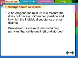 Section 14-1 Heterogeneous Mixtures A heterogeneous mixture is a mixture that does not have a uniform composition and in which the individual substances remain distinct. Suspensions   are mixtures containing particles that settle out if left undisturbed. 