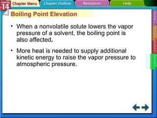 Section 14-4 Boiling Point Elevation When a nonvolatile solute lowers the vapor pressure of a solvent, the boiling point is also affected . More heat is needed to supply additional kinetic energy to raise the vapor pressure to atmospheric pressure. 