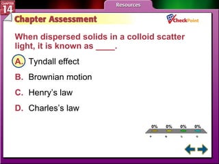 A B C D Chapter Assessment 1 When dispersed solids in a colloid scatter light, it is known as ____.  A. Tyndall effect   B. Brownian motion   C. Henry’s law   D. Charles’s law   