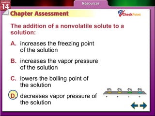A B C D Chapter Assessment 4 The addition of a nonvolatile solute to a solution:  A. increases the freezing point  of the solution   B. increases the vapor pressure  of the solution   C. lowers the boiling point of  the solution   D. decreases vapor pressure of  the solution   