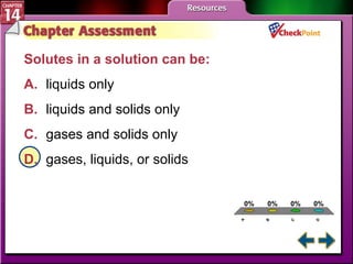 A B C D Chapter Assessment 5 Solutes in a solution can be:   A. liquids only   B. liquids and solids only   C. gases and solids only   D. gases, liquids, or solids   