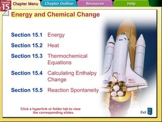 Chapter Menu Energy and Chemical Change Section 15.1 Energy Section 15.2   Heat Section 15.3   Thermochemical Equations Section 15.4   Calculating Enthalpy Change Section 15.5 Reaction Spontaneity Exit Click a hyperlink or folder tab to view the corresponding slides. 