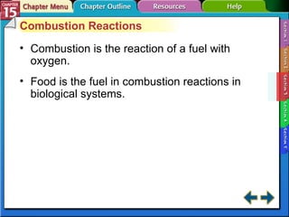 Section 15-3 Combustion Reactions Combustion is the reaction of a fuel with oxygen. Food is the fuel in combustion reactions in biological systems. 