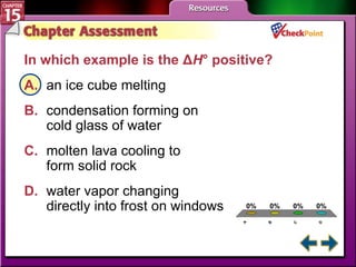 A B C D Chapter Assessment 3 In which example is the Δ H ° positive?   A. an ice cube melting   B. condensation forming on  cold glass of water   C. molten lava cooling to  form solid rock   D. water vapor changing  directly into frost on windows   