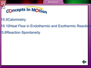 CIM Figure 15.5	 Calorimetry Figure 15.10	Heat Flow in Endothermic and Exothermic Reactions Table 15.6	Reaction Spontaneity 