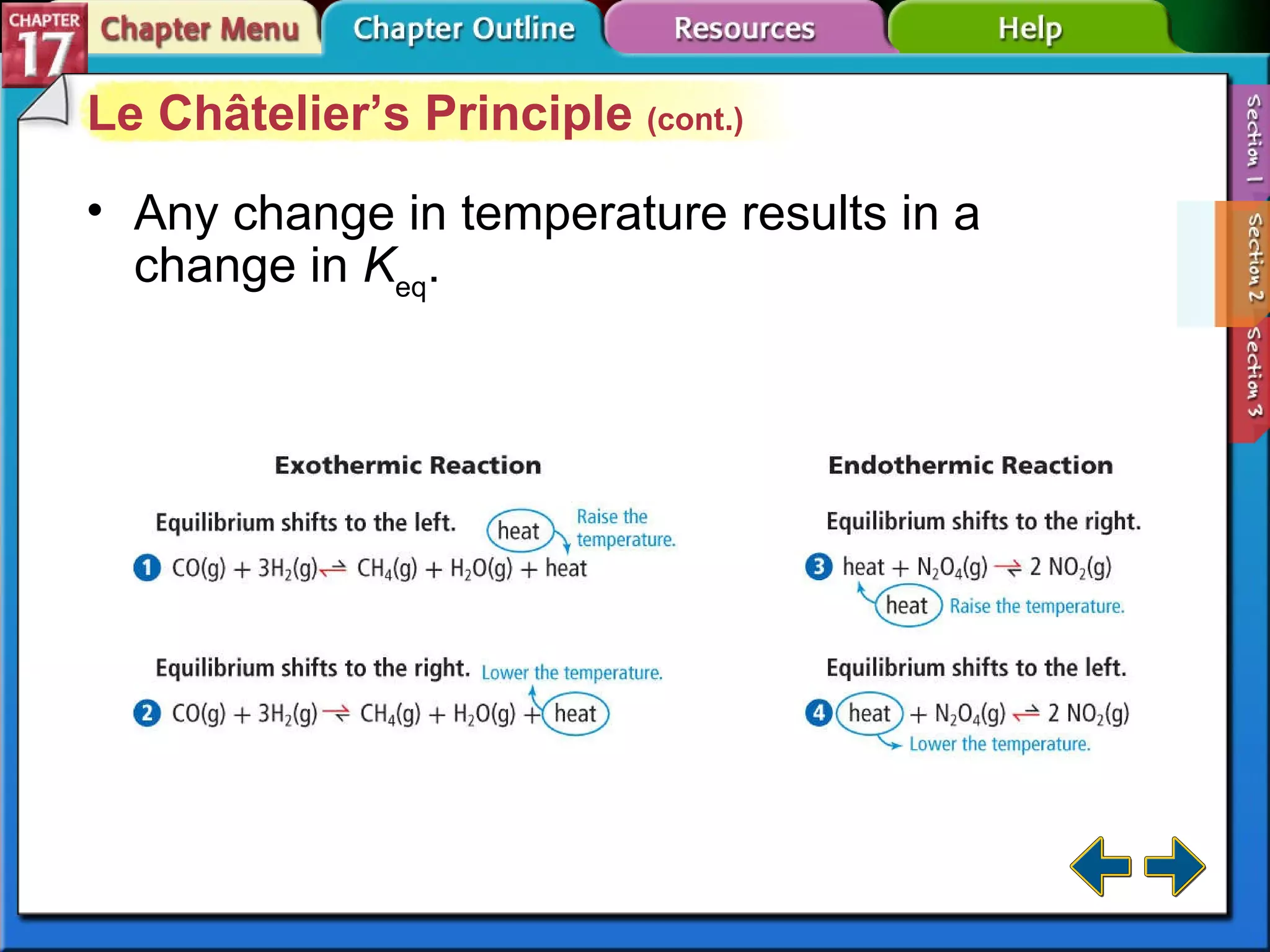 Section 17-2 Le Châtelier’s Principle  (cont.) Any change in temperature results in a change in  K eq . 