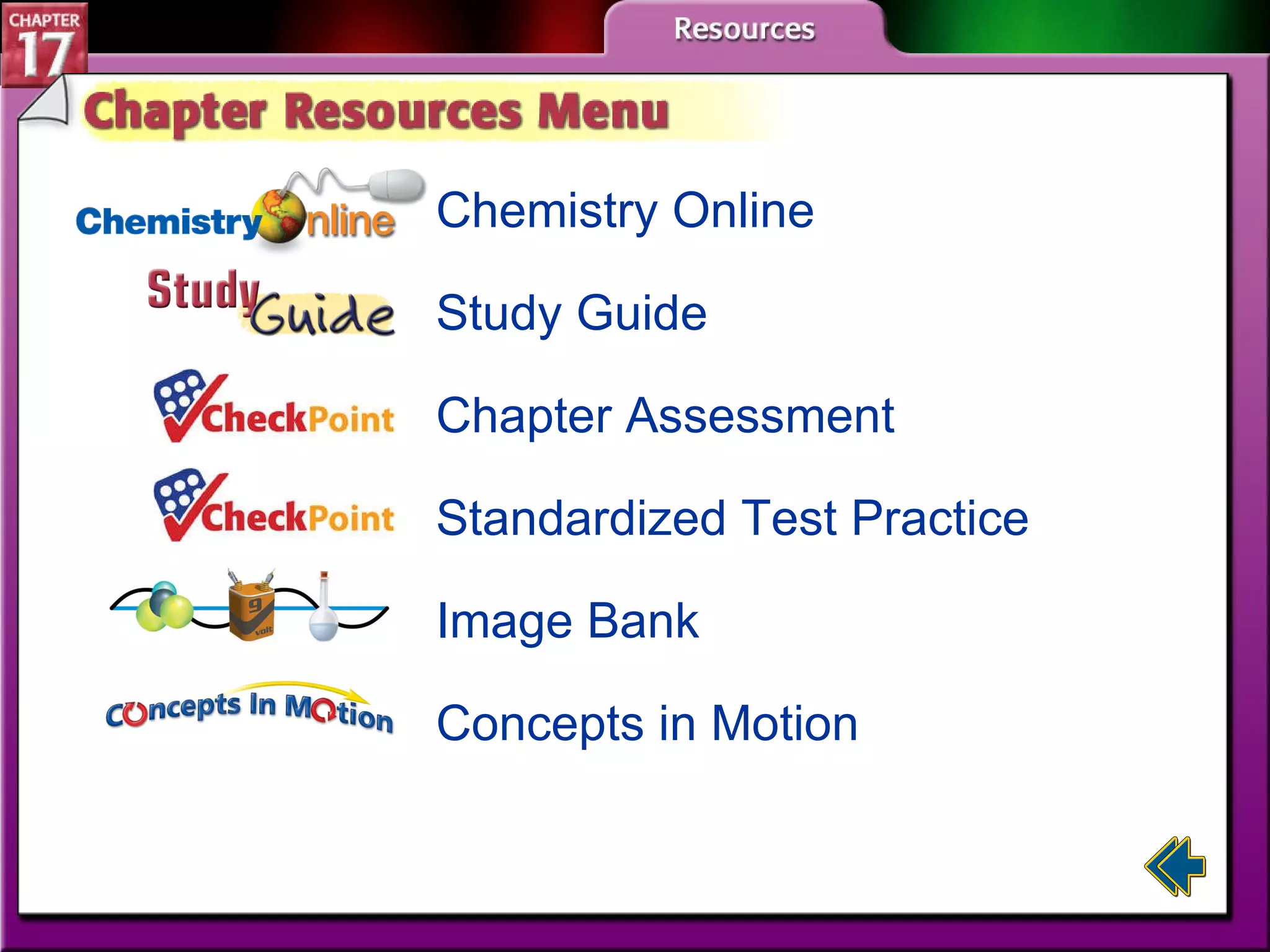 Resources Menu Chemistry Online Study Guide Chapter Assessment Standardized Test Practice Image Bank Concepts in Motion 