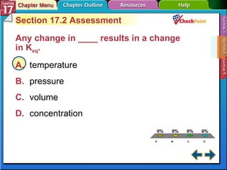 A B C D Section 17-2 Section 17.2 Assessment Any change in ____ results in a change  in K eq .  A. temperature   B. pressure   C. volume   D. concentration   