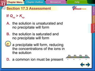 A B C D Section 17-3 Section 17.3 Assessment If  Q sp  >  K sp   A. the solution is unsaturated and  no precipitate will form   B. the solution is saturated and  no precipitate will form   C. a precipitate will form, reducing  the concentrations of the ions in  the solution   D. a common ion must be present   