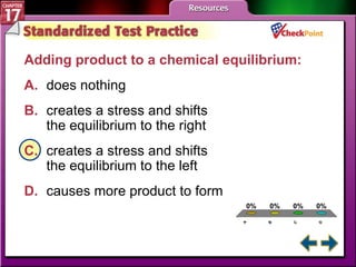 A B C D STP 3 Adding product to a chemical equilibrium:   A. does nothing   B. creates a stress and shifts  the equilibrium to the right   C. creates a stress and shifts  the equilibrium to the left   D. causes more product to form   