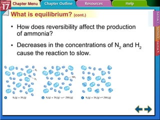Section 17-1 What is equilibrium?  (cont.) How does reversibility affect the production of ammonia? Decreases in the concentrations of N 2  and H 2  cause the reaction to slow. 