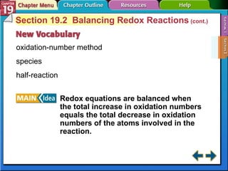 Section 19-2 Section 19.2  Balancing Redox Reactions  (cont.) oxidation-number method  species half-reaction Redox equations are balanced when the total increase in oxidation numbers equals the total decrease in oxidation numbers of the atoms involved in the reaction. 