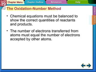 Section 19-2 The Oxidation-Number Method Chemical equations must be balanced to show the correct quantities of reactants and products. The number of electrons transferred from atoms must equal the number of electrons accepted by other atoms. 