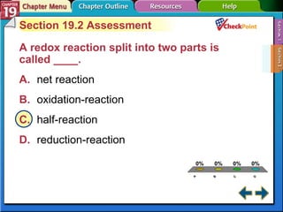 A B C D Section 19-2 Section 19.2 Assessment A redox reaction split into two parts is called ____.  A. net reaction   B. oxidation-reaction   C. half-reaction   D. reduction-reaction   