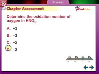 A B C D Chapter Assessment 4 Determine the oxidation number of oxygen in HNO 3 .  A. +3   B. –3 C. +2 D. –2  
