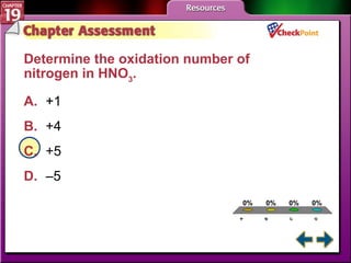 A B C D Chapter Assessment 5 Determine the oxidation number of nitrogen in HNO 3 .  A. +1  B. +4 C. +5 D. –5  