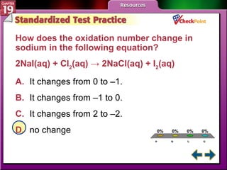A B C D STP 3 How does the oxidation number change in sodium in the following equation? 2NaI(aq) + Cl 2 (aq) -> 2NaCl(aq) + I 2 (aq)  A. It changes from 0 to –1. B. It changes from –1 to 0. C. It changes from 2 to –2. D. no change  
